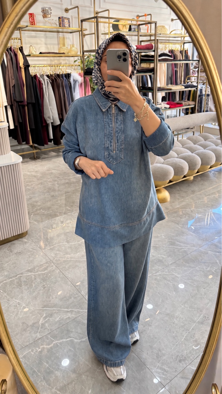Fermuarlı Tensel Denim Gömlek Mavi