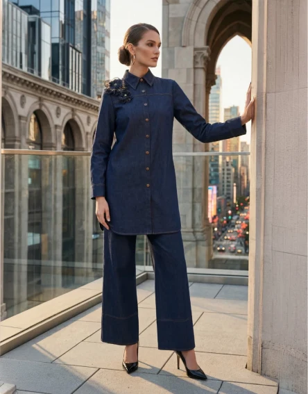 Çiçek Aplikeli Denim İkili Takım